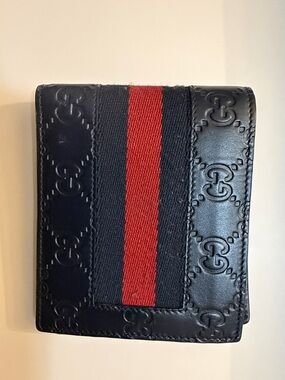 Gucci Navy Blue Leather Wallet with Red and Dark Blue Web Stripe